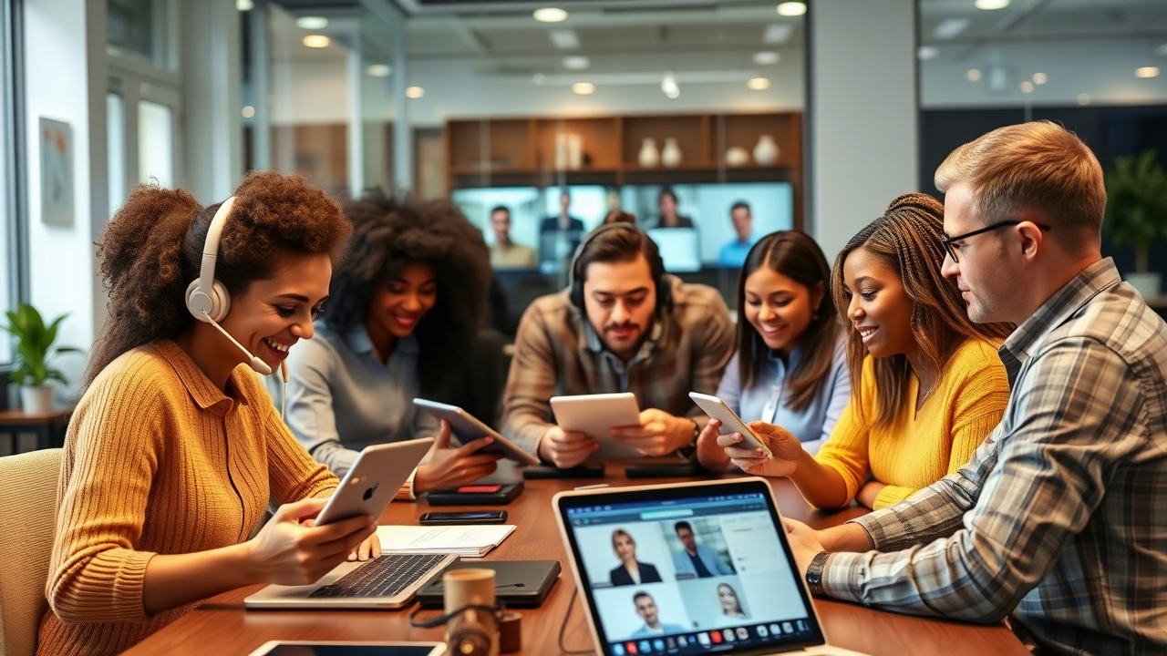 Team collaborating effectively through hosted PBX unified communications features demonstrating integrated voice video and messaging capabilities