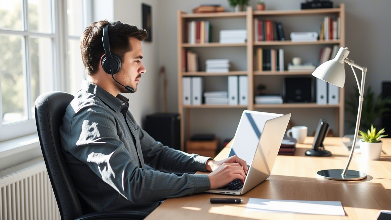 Remote professional using hosted PBX system from home office demonstrating the flexibility and mobility of cloud-based phone solutions