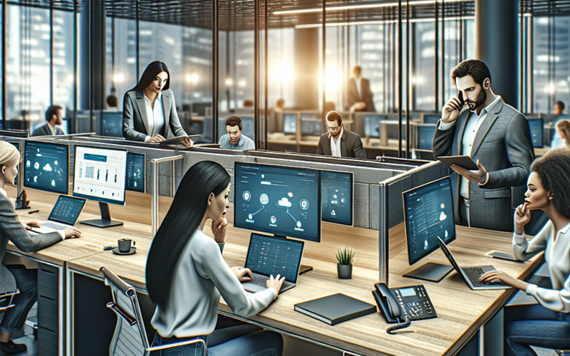 Hosted PBX phone system benefits illustrated by a collaborative team efficiently using cloud tools in a modern office, enhancing productivity and flexibility.