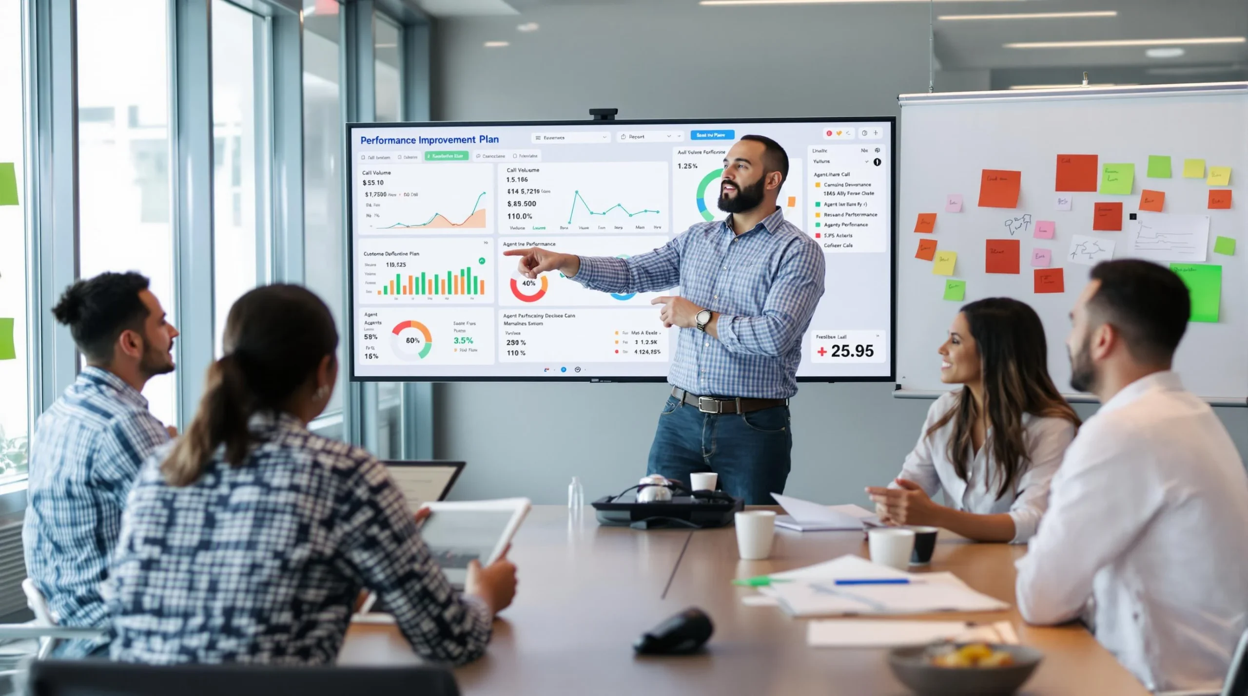 Step-by-step visual guide for call analytics performance reviews showing team members analyzing dashboards and implementing improvements