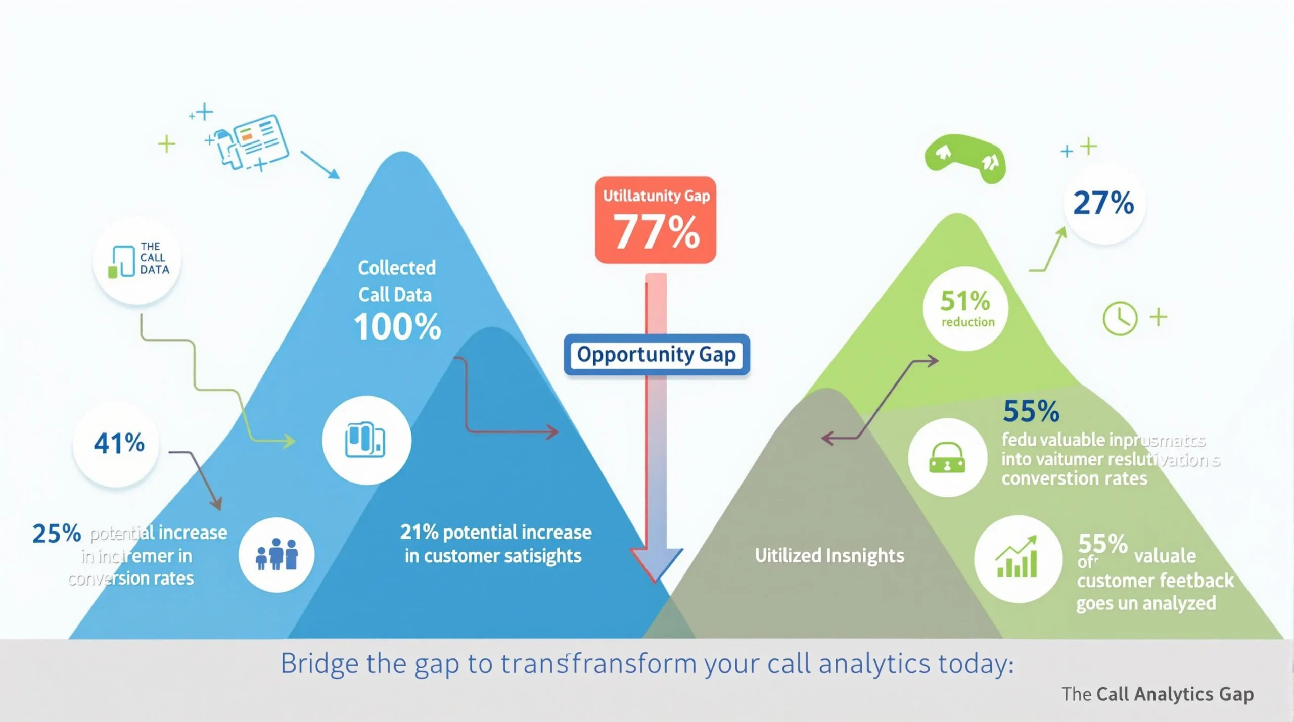 Infographic showing the complete call analytics improvement process highlighting the gap between collected data and utilized insights with statistics