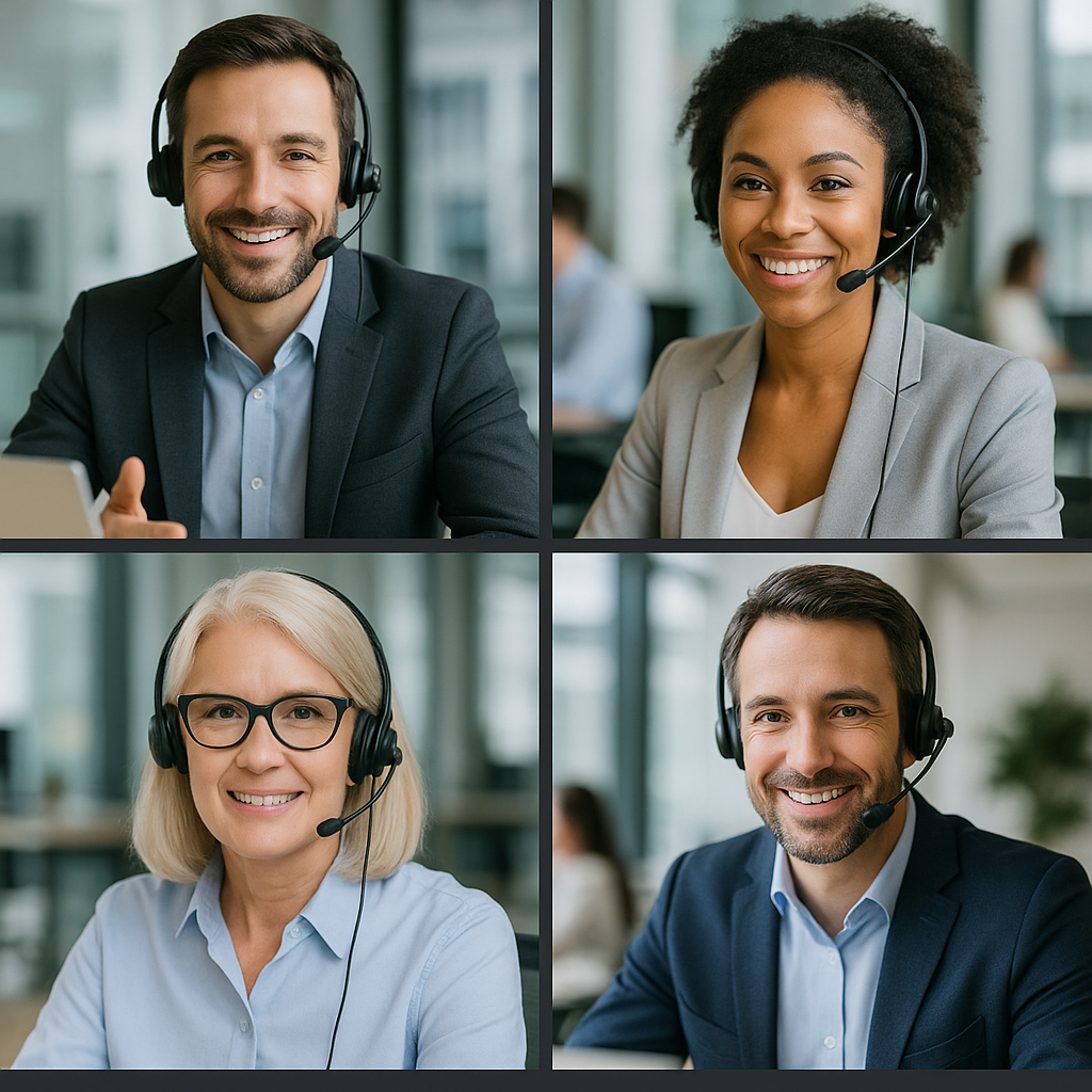 Professional photos of testimonial customers or generic business professionals using VoIP technology in modern office settings