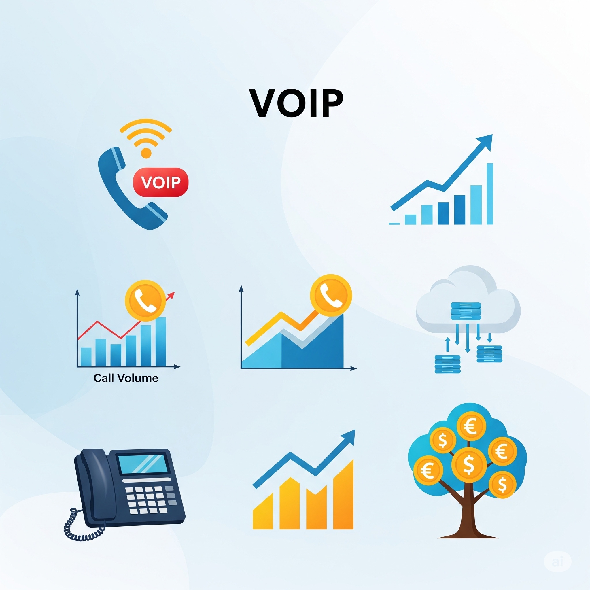  High-resolution graphic showing VoIP technology connecting multiple business locations with cost savings statistics