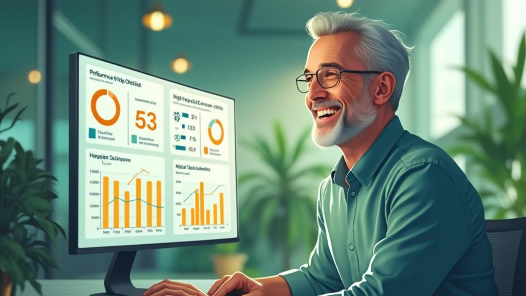 Happy business owner reviewing positive VoIP performance metrics and customer satisfaction scores dashboard
