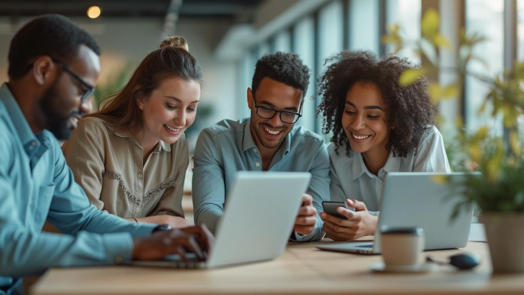 Modern small business team using VoIP cloud phone system across multiple devices for seamless communication