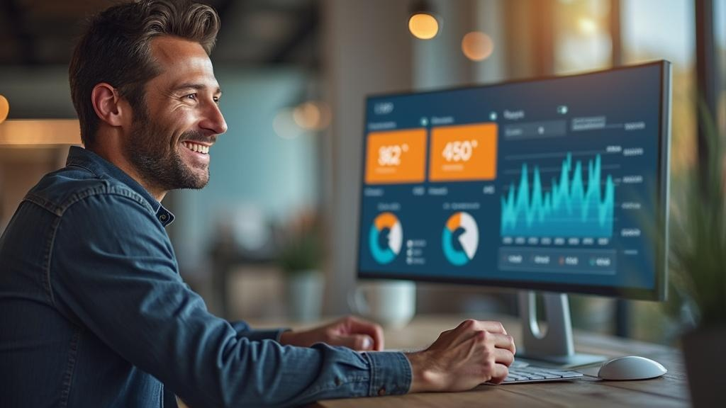 Happy business owner reviewing positive VoIP performance metrics and customer satisfaction scores dashboard