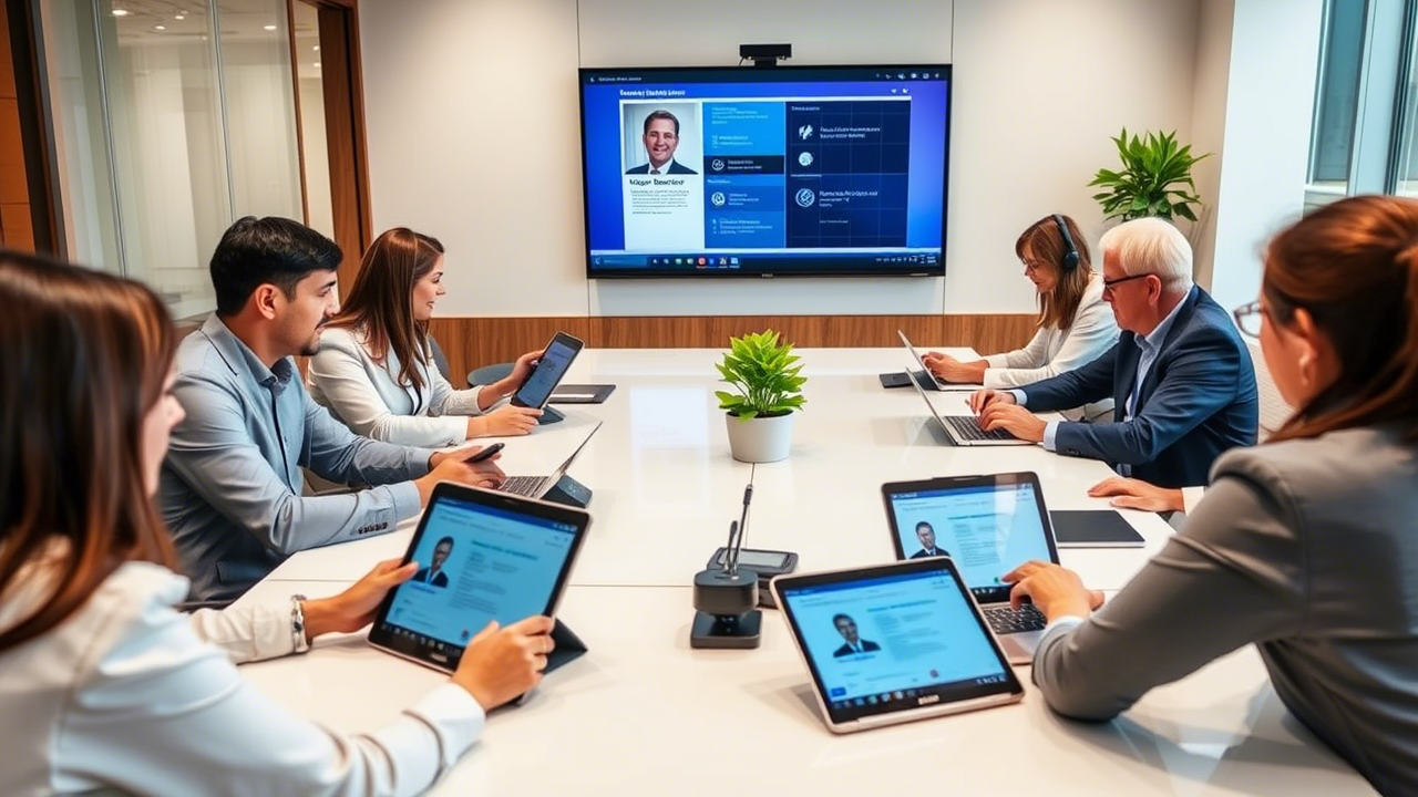 Executive team utilizing Mynians VoIP features during a collaborative meeting, showcasing unified communications capabilities. 