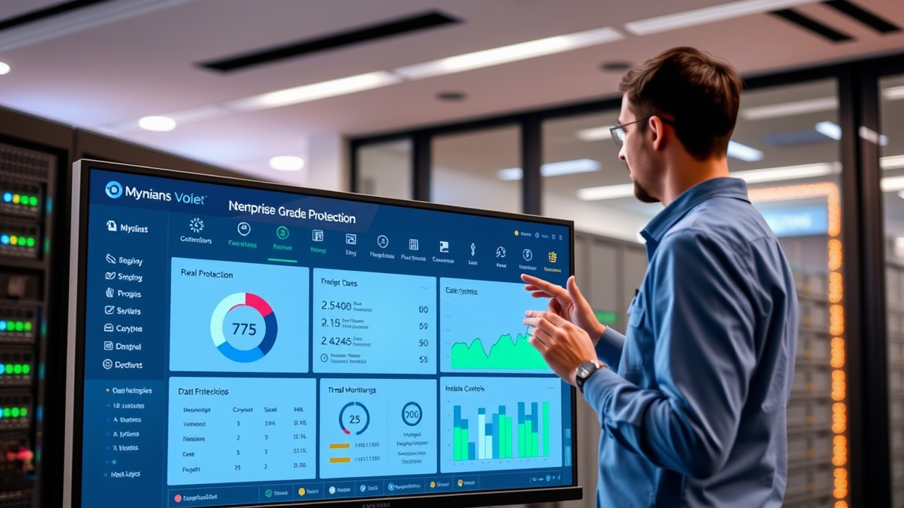 Comprehensive security dashboard for Mynians VoIP features, displaying real-time protection metrics and threat monitoring capabilities. 