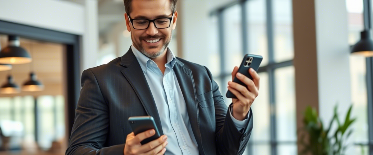 Executive utilizing Mynians VoIP features on a mobile device, demonstrating the mobility and flexibility of the communication platform.