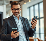 Executive utilizing Mynians VoIP features on a mobile device, demonstrating the mobility and flexibility of the communication platform.
