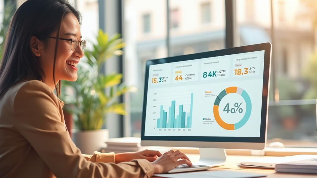 Happy business owner reviewing positive VoIP performance metrics and customer satisfaction scores dashboard