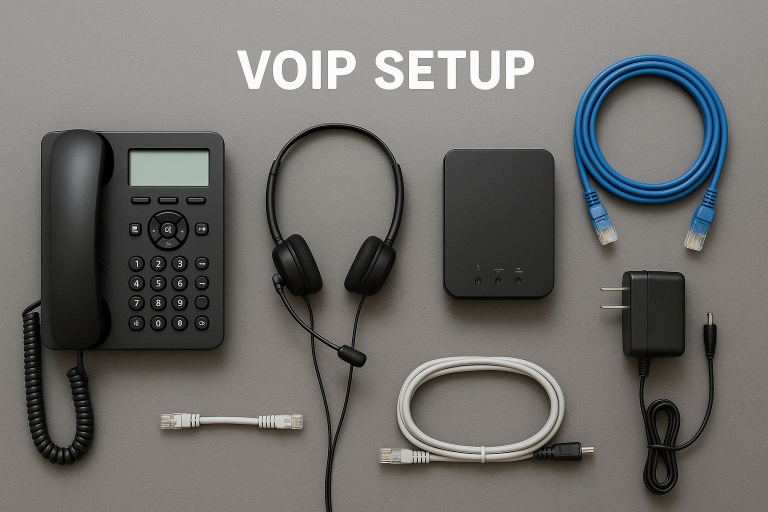 VoIP setup equipment layout showing IP phones, network switches, routers and essential hardware configuration