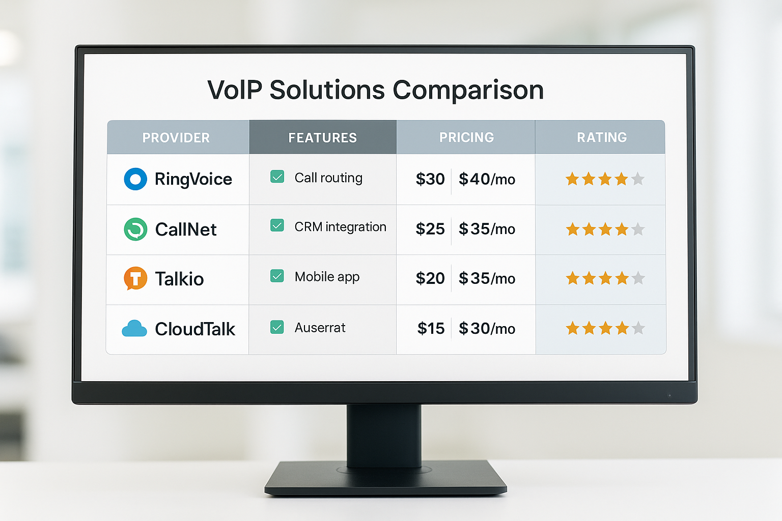 Provider comparison matrix displaying features, pricing, and rating voip solutions Affordable VoIP solutions for small businesses 