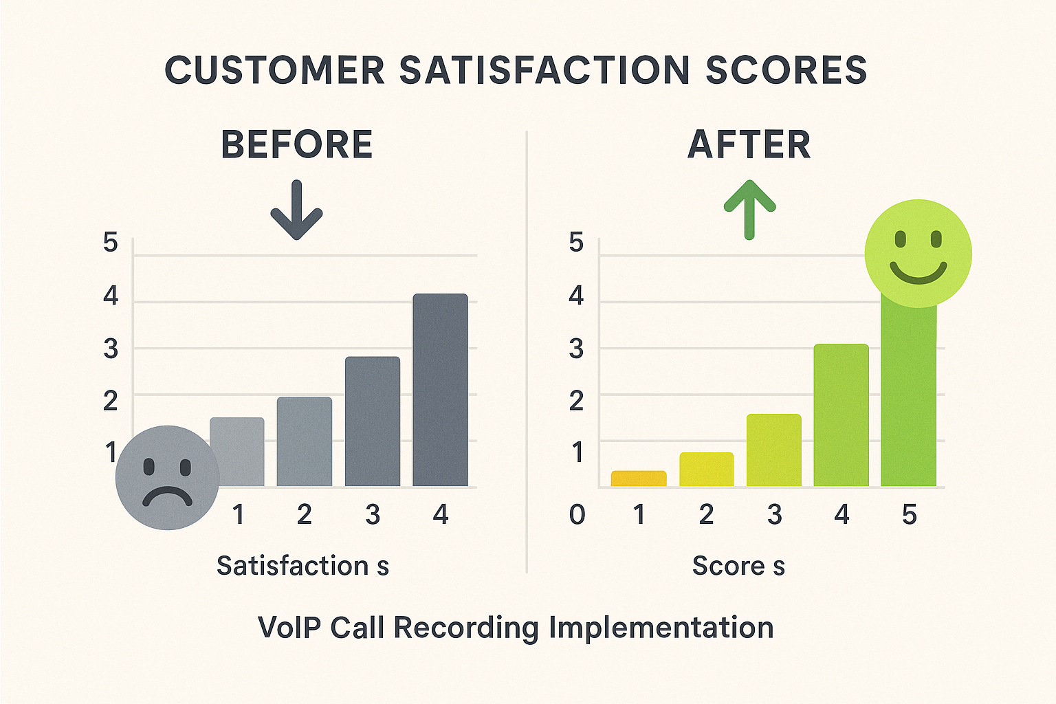 Side-by-side comparison chart showing customer satisfaction scores before and after implementing VoIP call recording