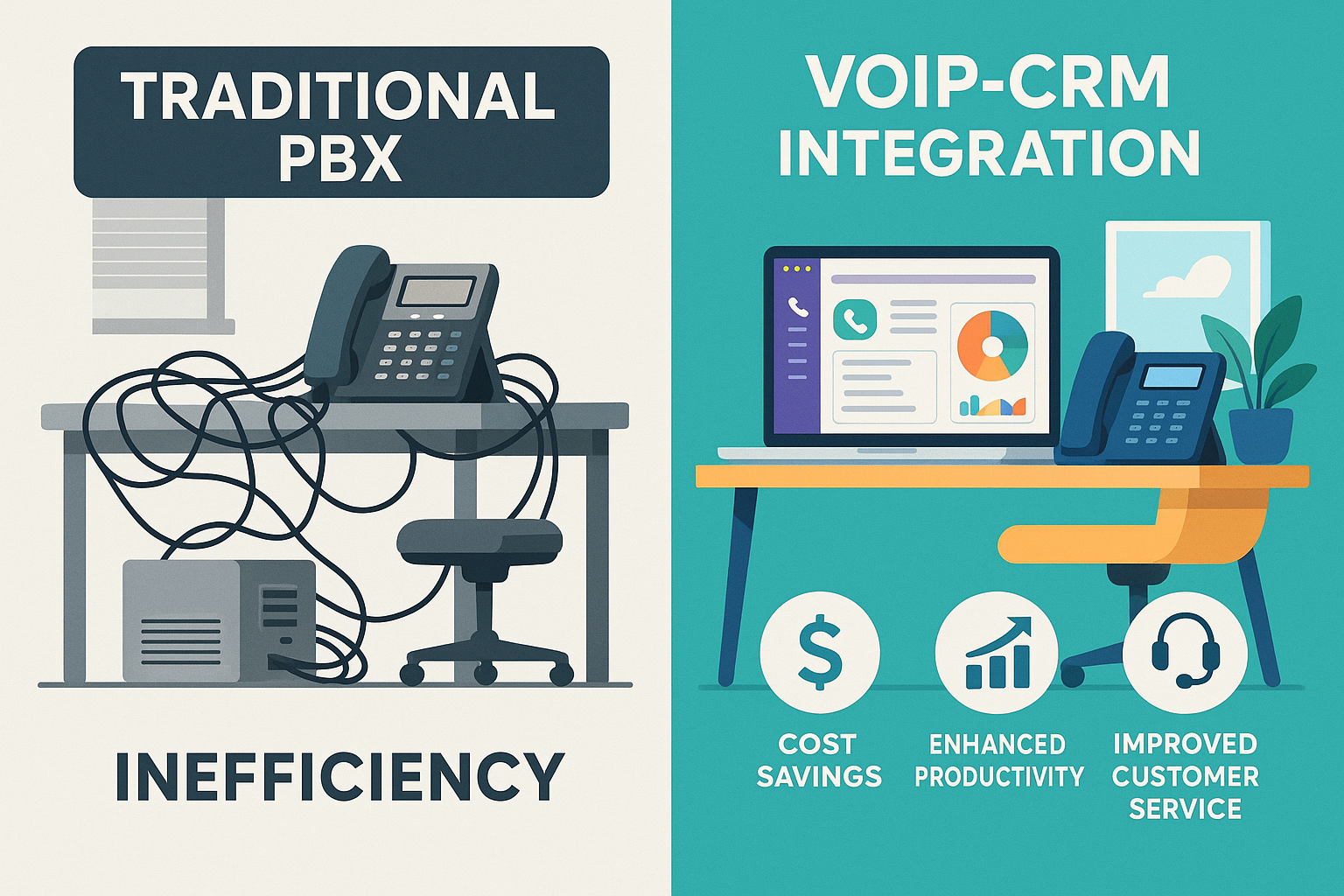  Infographic comparing traditional phone systems with integrated VoIP-CRM solutions highlighting key advantages