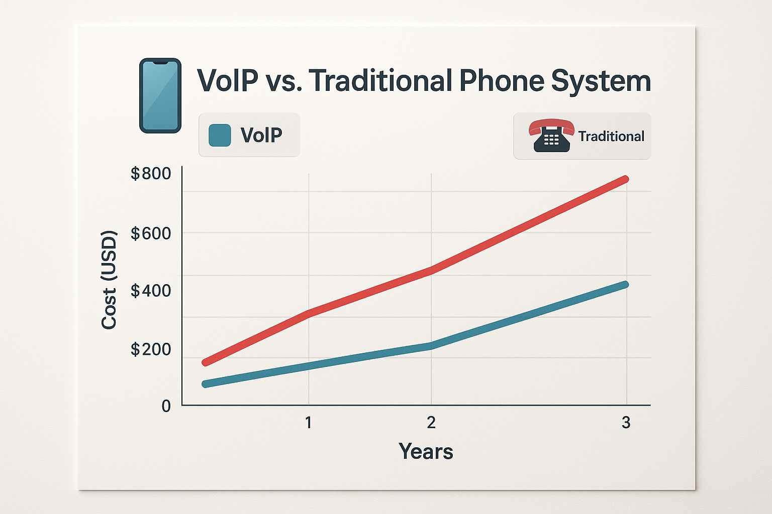 Visual representation comparing costs of VoIP cloud phone systems to traditional phone systems