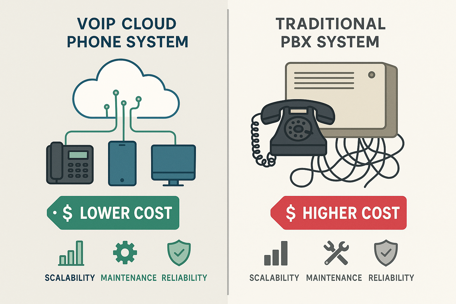 Visual representation comparing costs of VoIP cloud phone systems to traditional phone systems