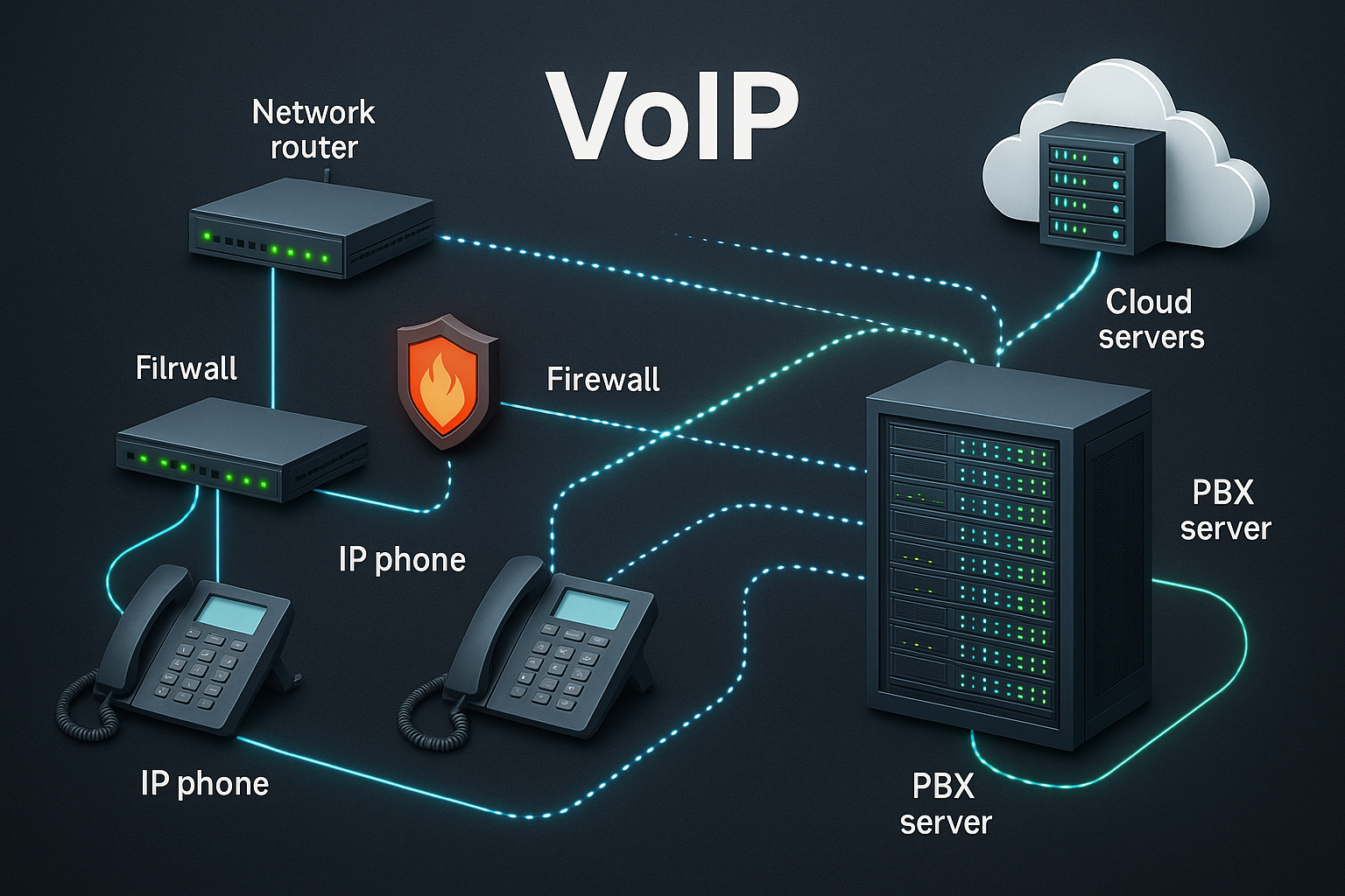 VoIP technology infrastructure diagram illustrating SIP protocols, QoS management and network components