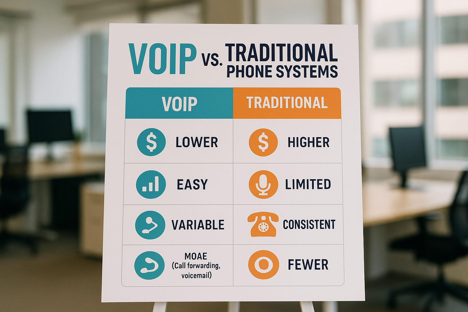VoIP vs Traditional Phone Systems comparison chart showing cost, scalability and feature differences