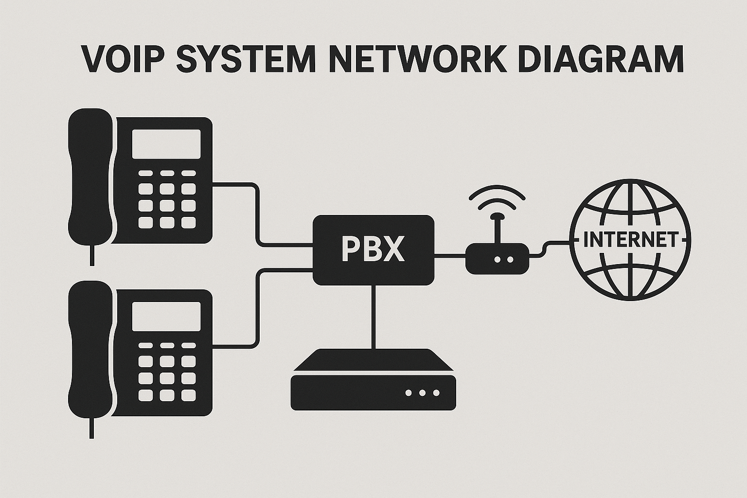 Professional VoIP network diagram showing IP phones, PBX systems, routers and internet connectivity for troubleshooting