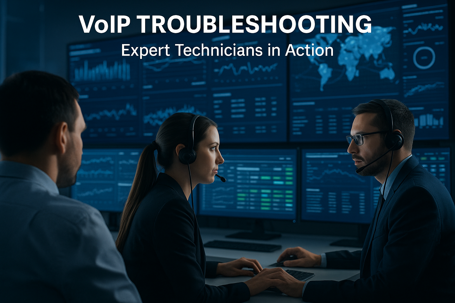 Professional VoIP troubleshooting team monitoring network operations center with multiple screens showing performance data