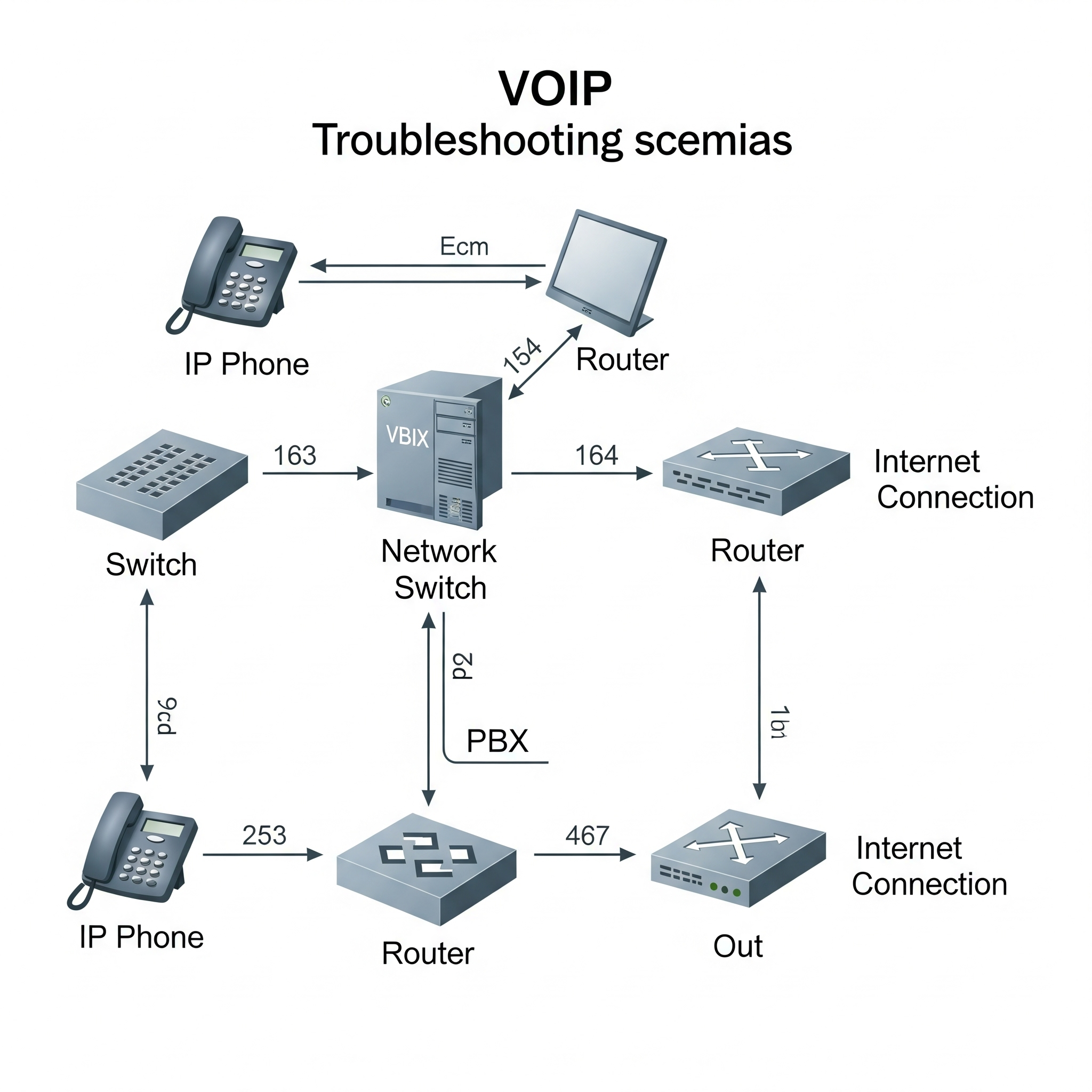  Professional VoIP network diagram showing IP phones, PBX systems, routers and internet connectivity for troubleshooting