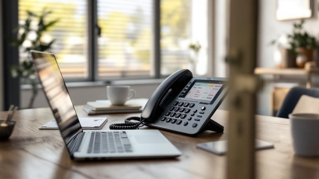 VoIP Phone Systems Central Florida VoIP desk phone and laptop setup in a Central Florida business office