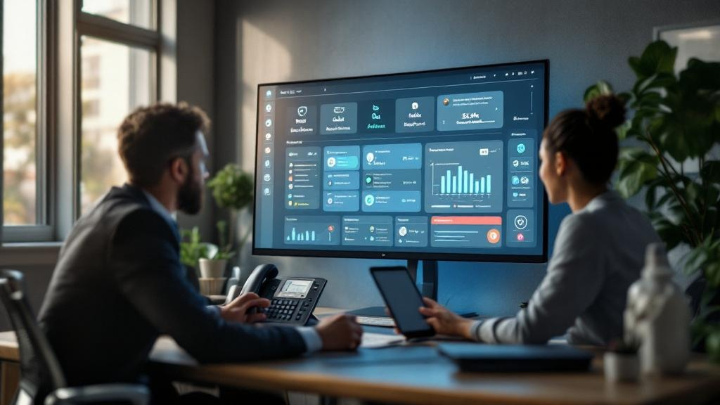 Hosted PBX and VoIP cloud systems dashboard showing call routing, analytics, and connected business devices