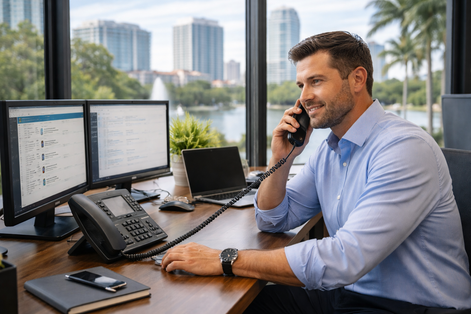 Orlando business professional using VoIP phone system