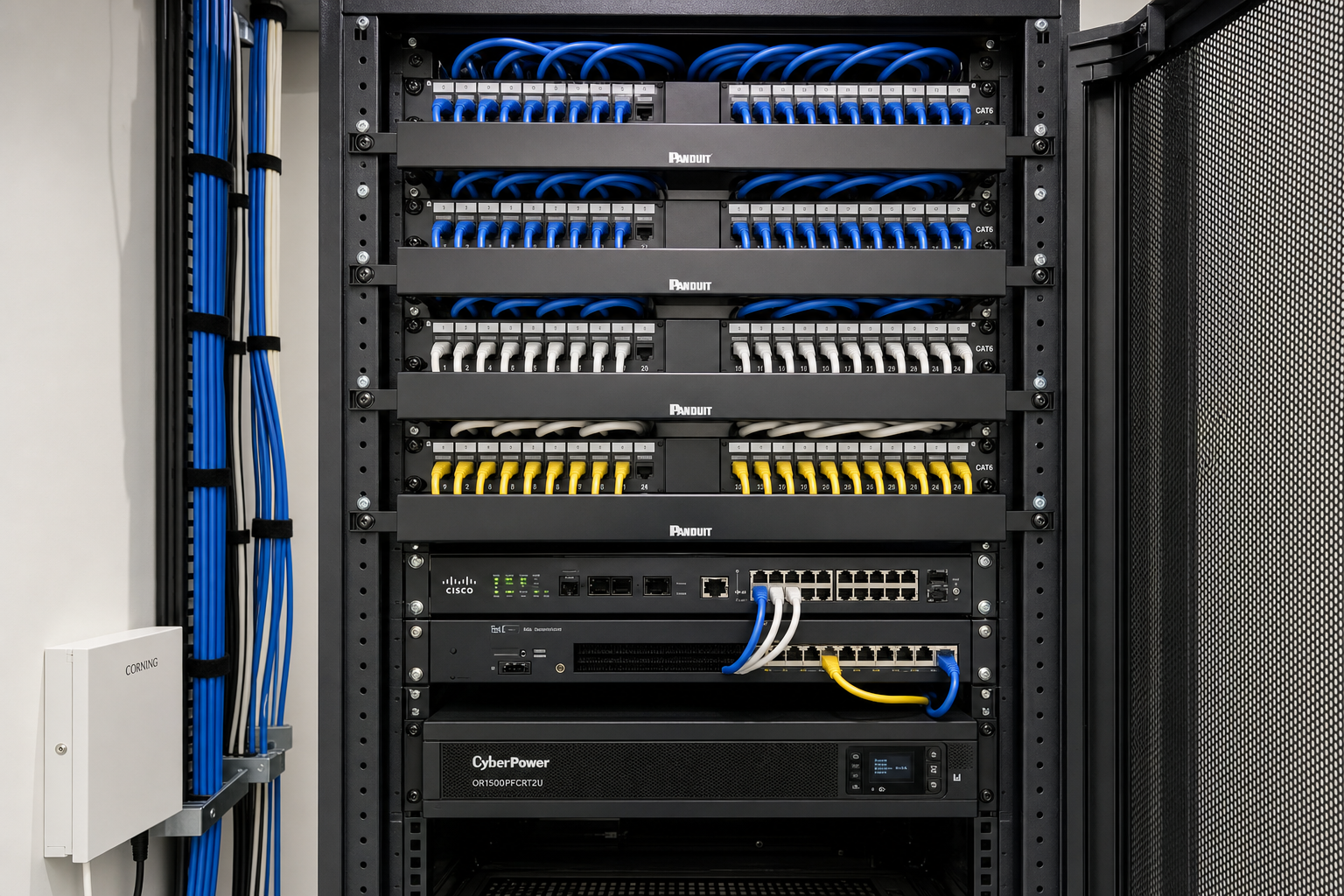 Structured cabling and patch panel in a Florida business network closet