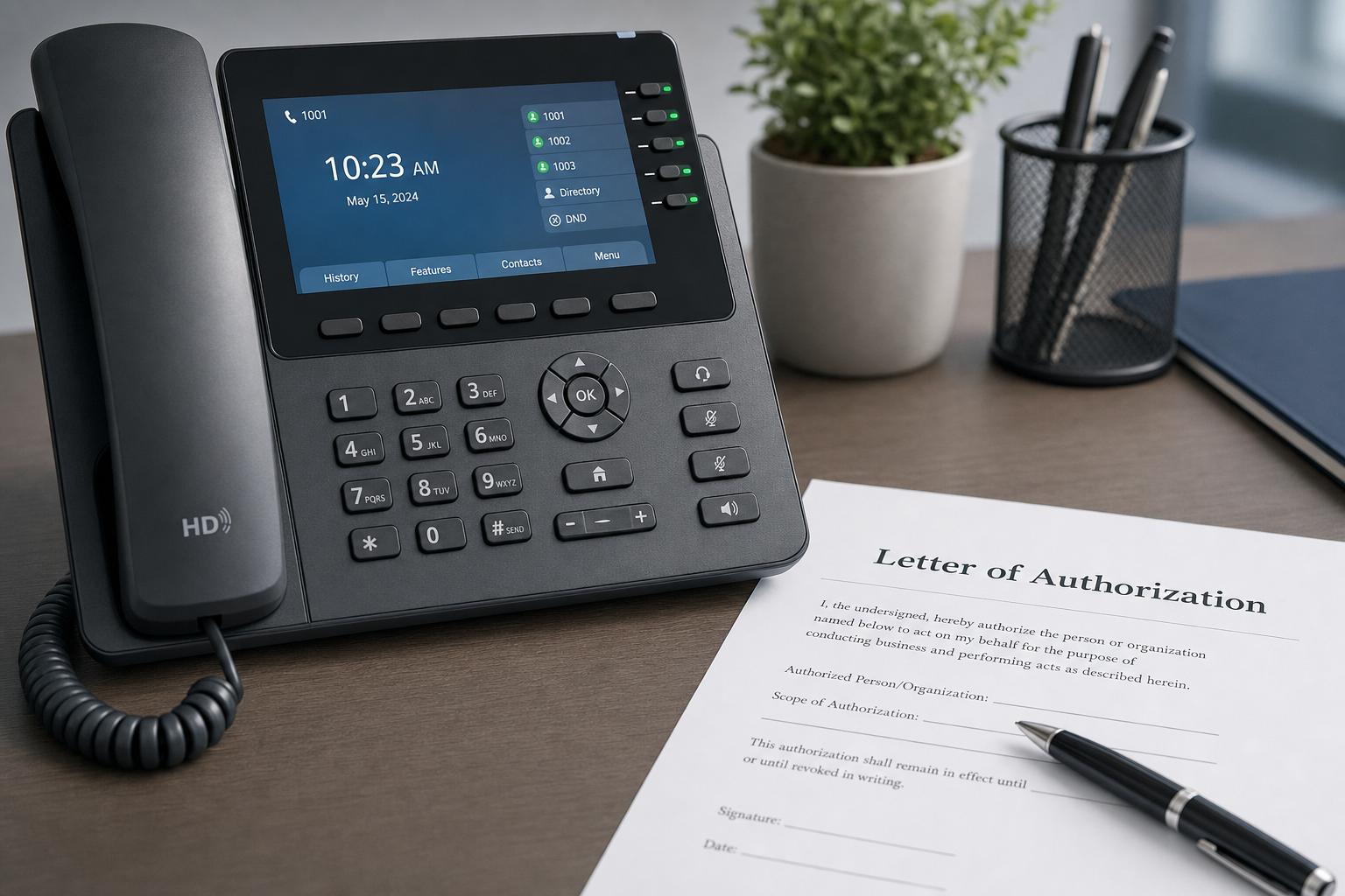 VoIP desk phone next to a Letter of Authorization document on a business office desk