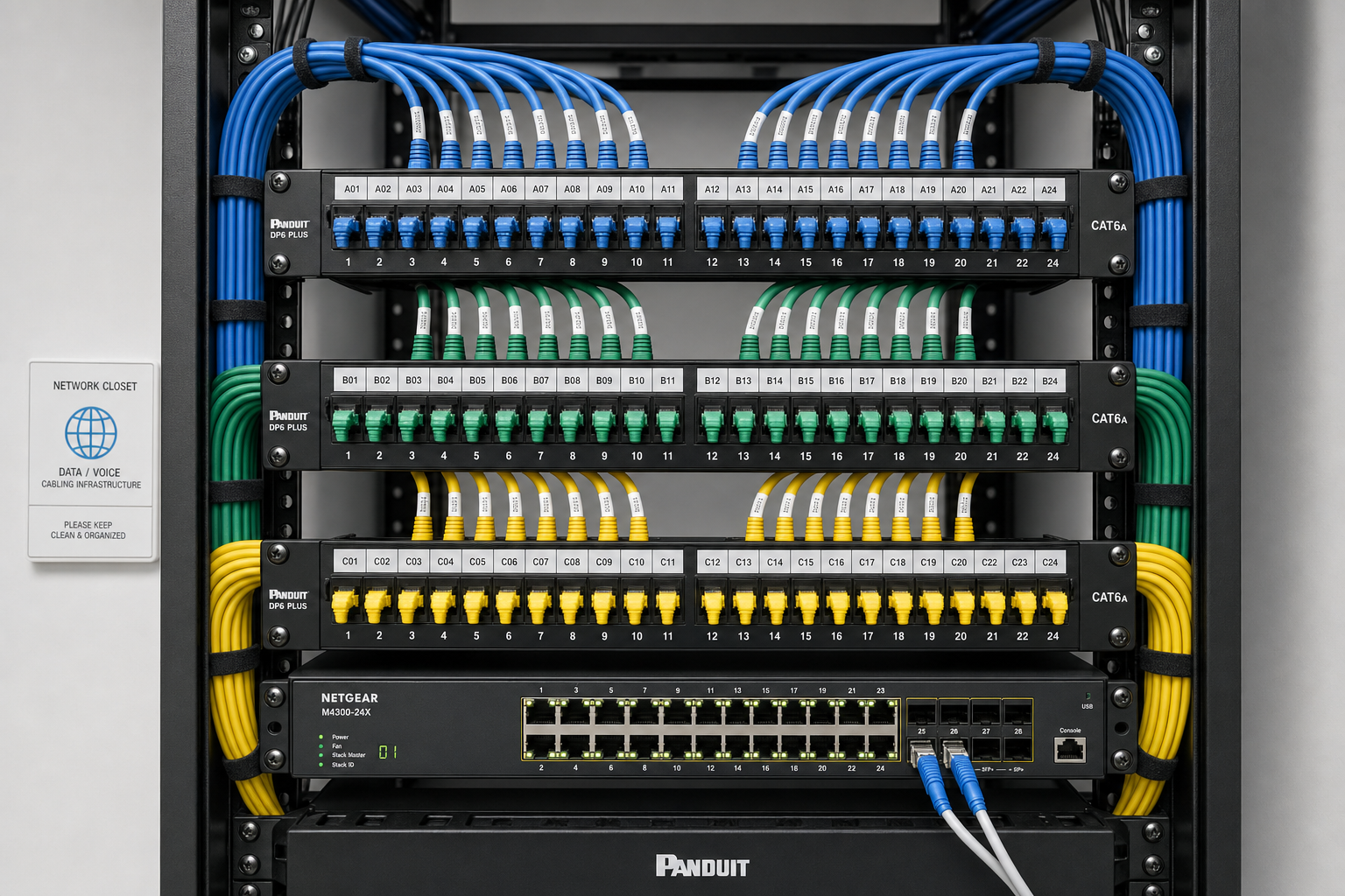 Organized patch panel and network switch inside a business network closet