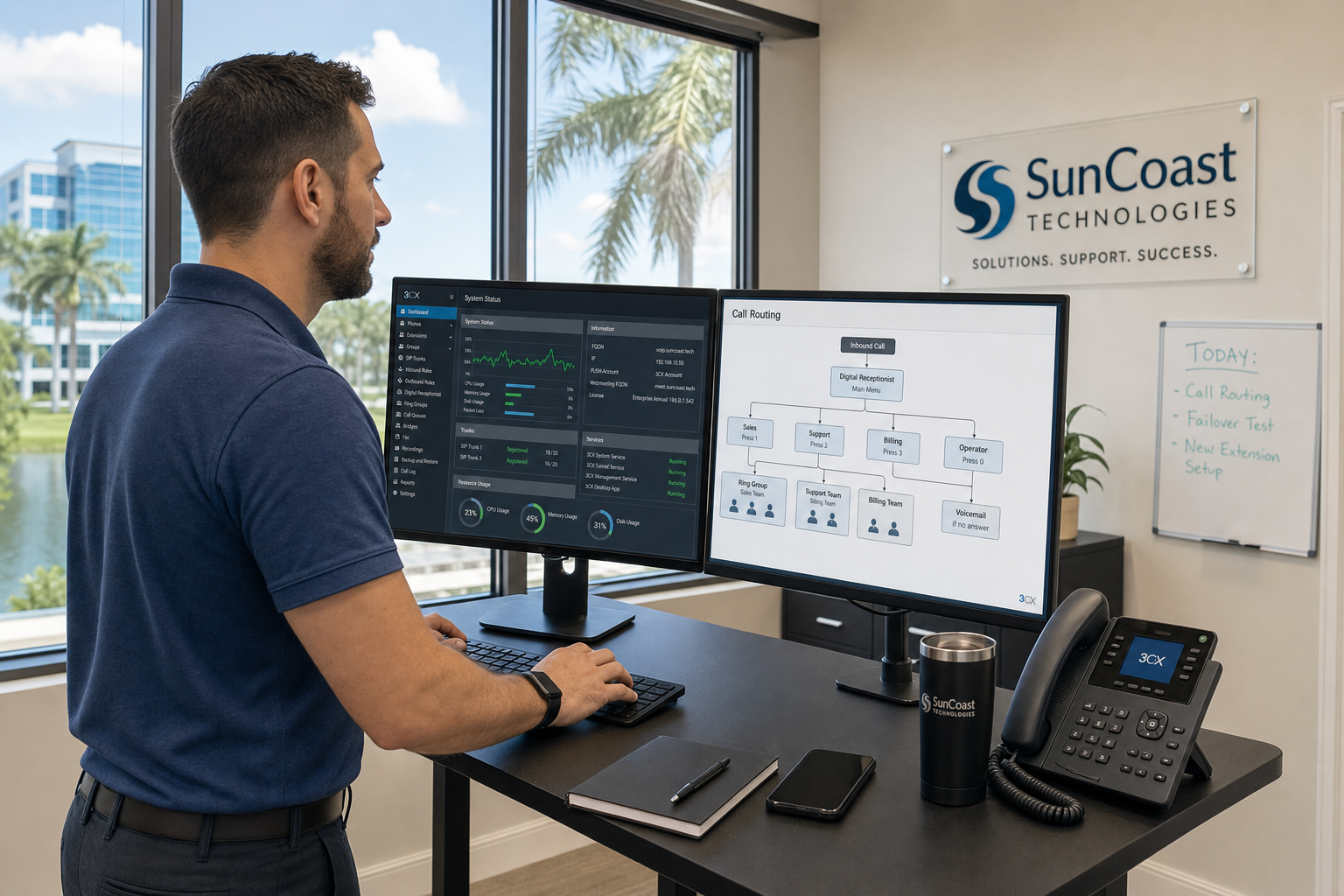 IT technician configuring a VoIP phone system on a computer dashboard in a Florida business office