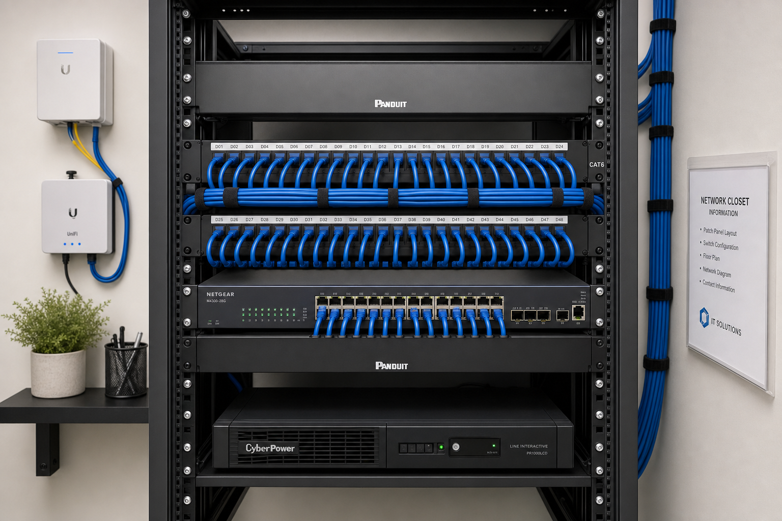 Organized network closet with managed switch and structured cabling for a Florida business VoIP installation