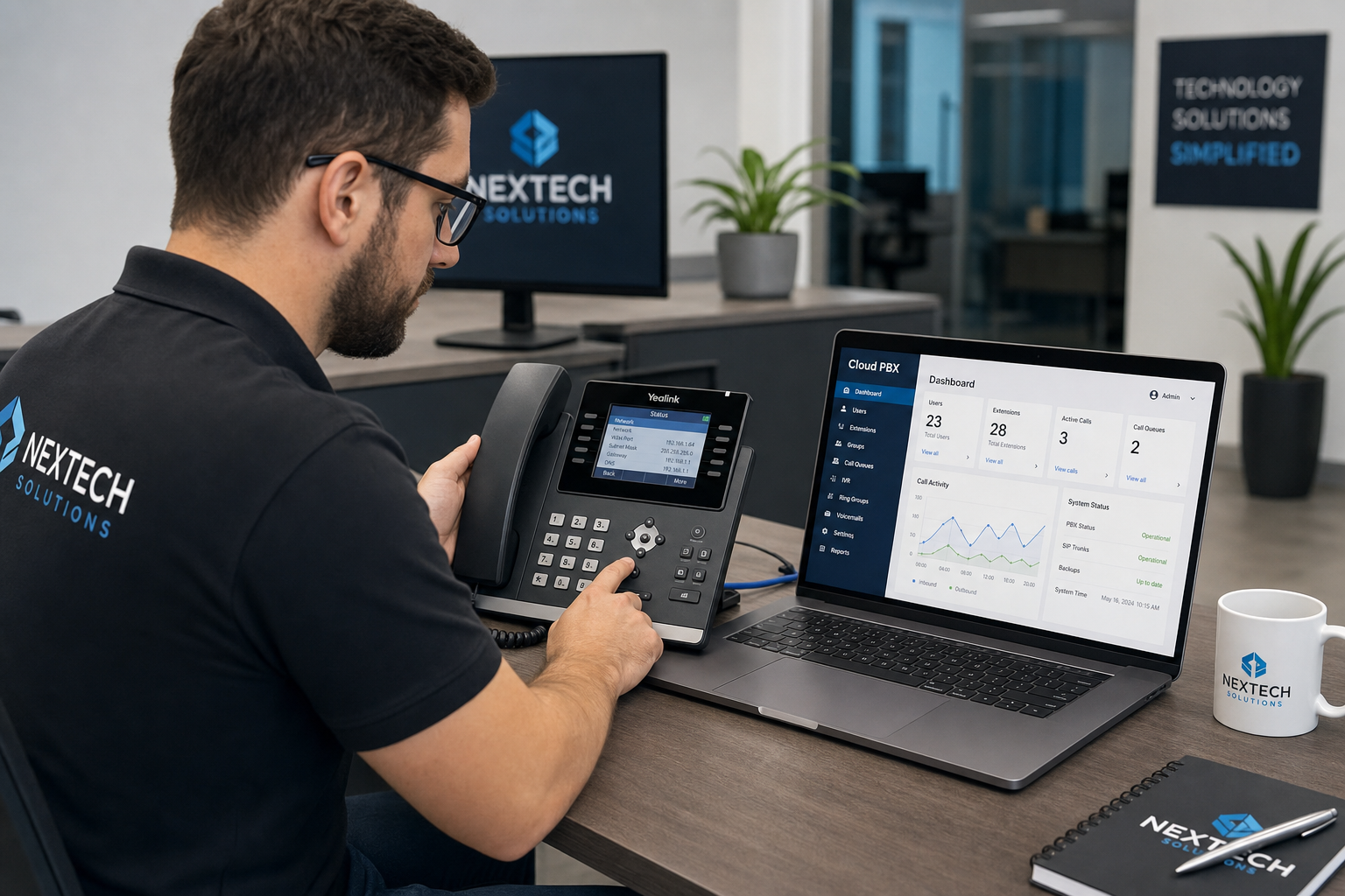 IT technician setting up a VoIP desk phone and cloud PBX system in a Florida business office