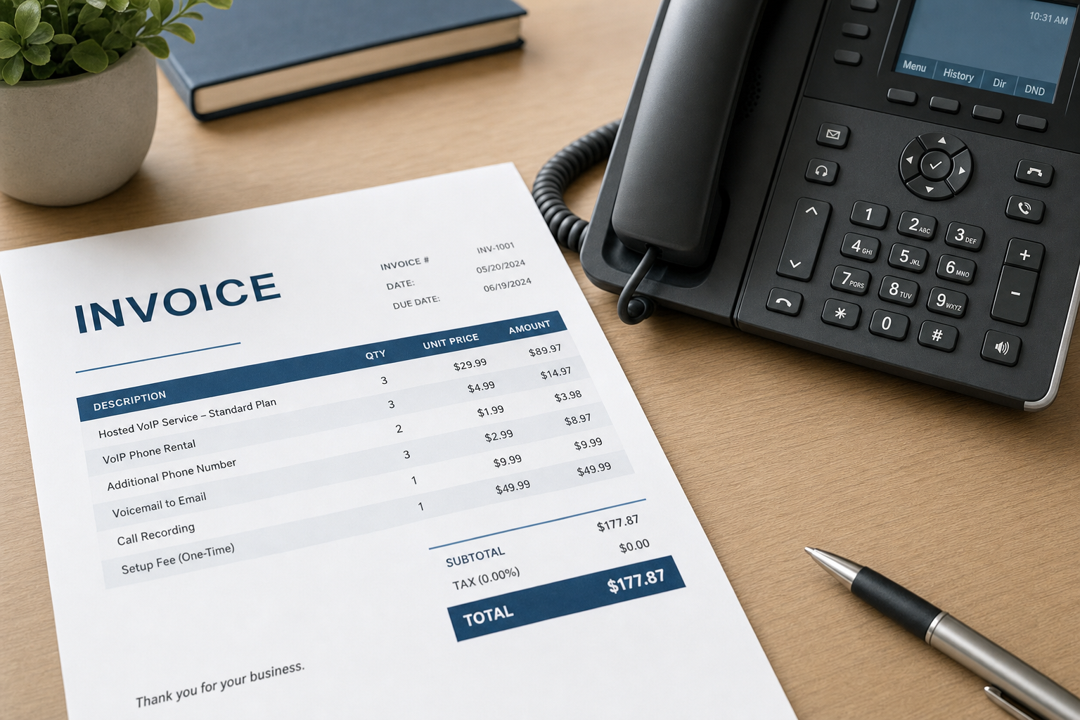 Itemized business phone bill reviewed alongside a VoIP desk phone to compare monthly costs