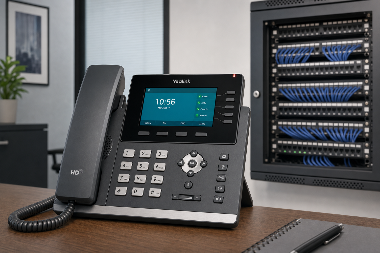 VoIP desk phone on a Florida business office desk with a network patch panel in the background