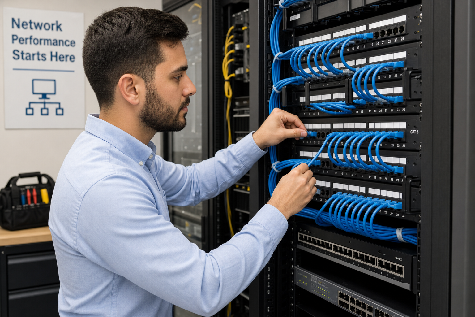Network technician organizing structured cabling in a Florida business network closet during a VoIP installation