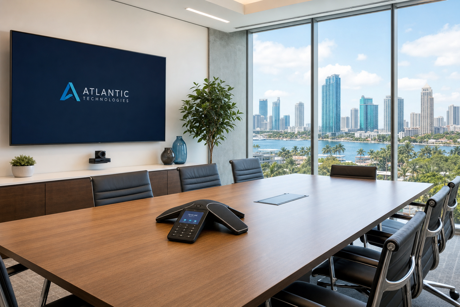 VoIP conference phone in a modern Florida business conference room