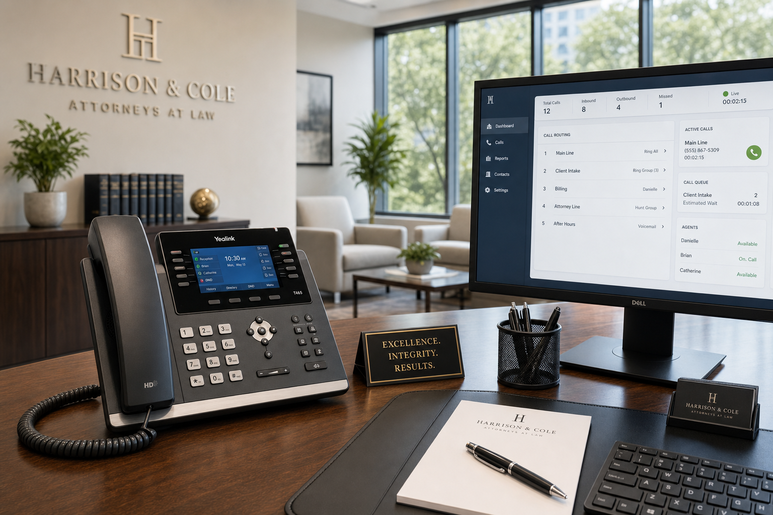 VoIP desk phone at a Florida law office reception desk with call routing software on screen