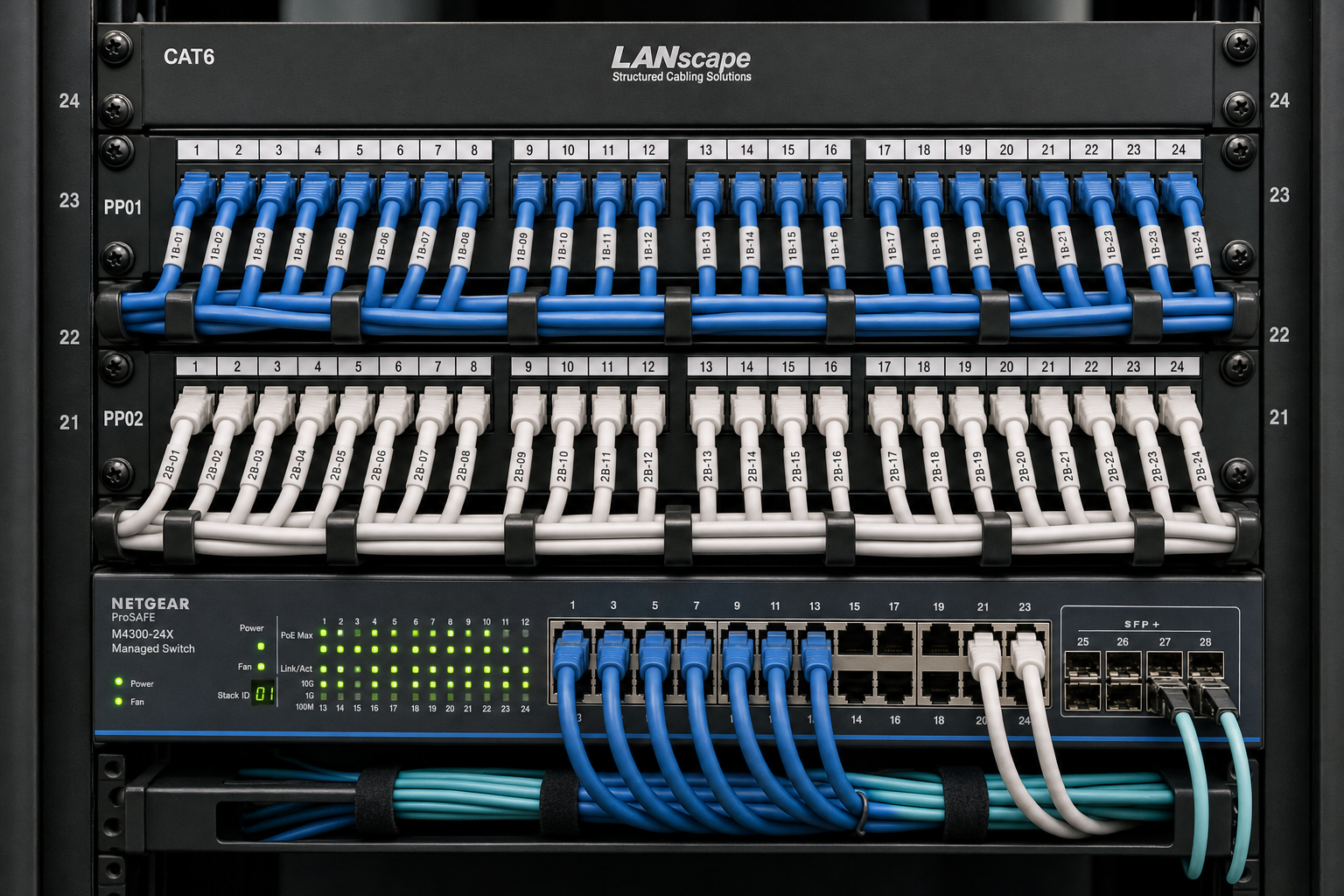 Organized network closet with patch panel and managed switch supporting a Florida law office VoIP system
