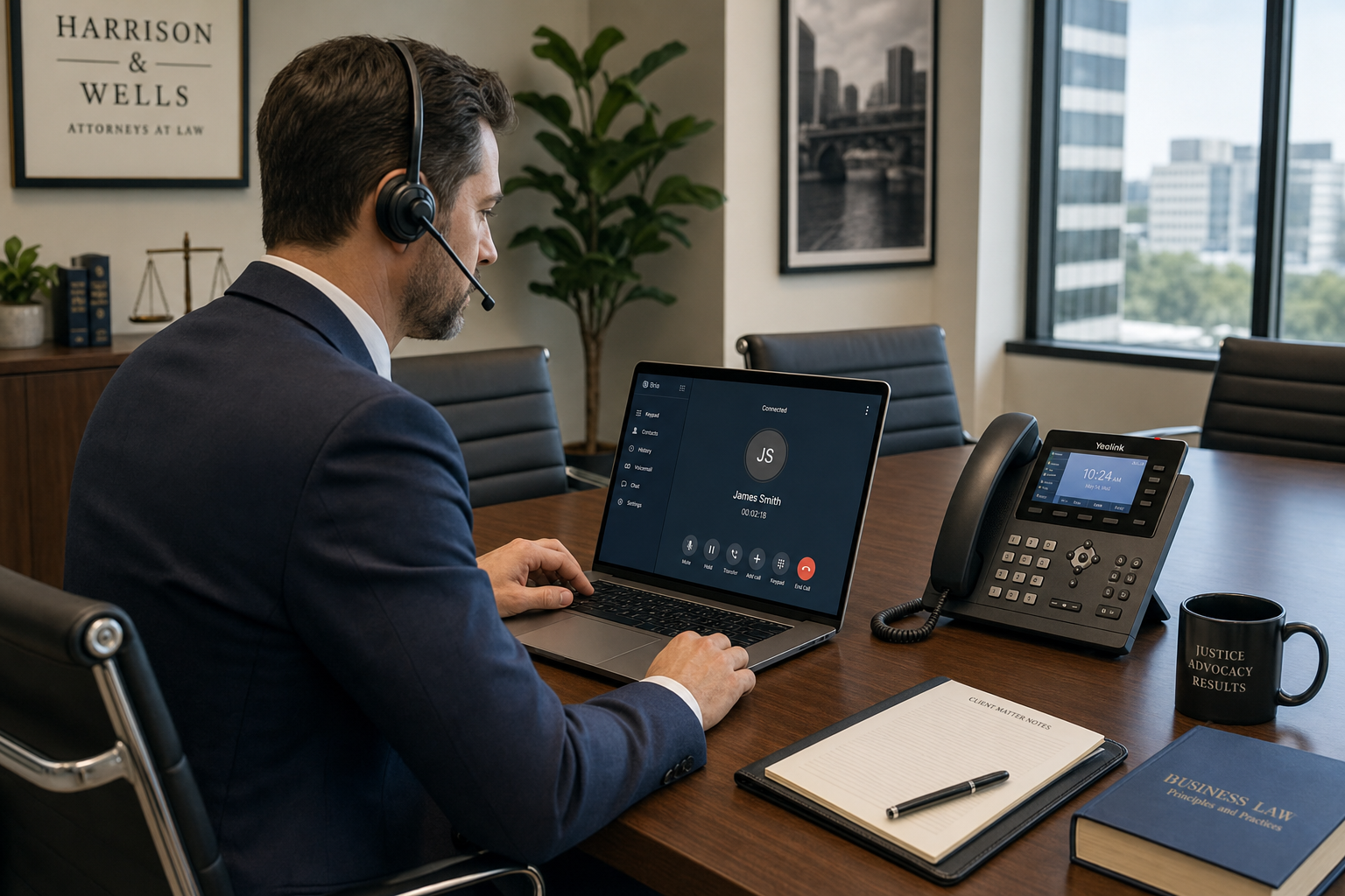 Attorney using a desktop softphone app in a Florida law office conference room