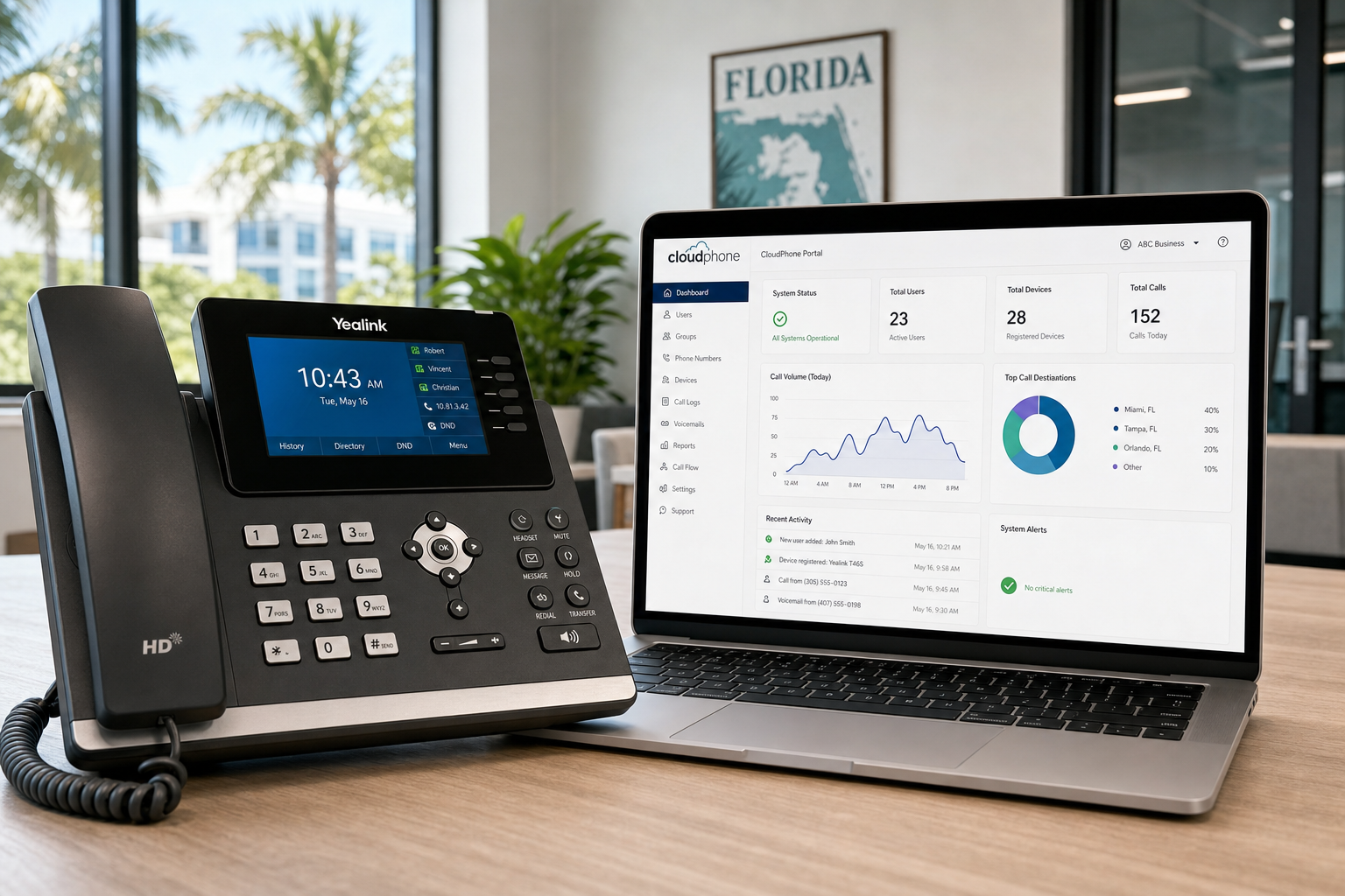VoIP desk phone next to a laptop showing a cloud PBX configuration portal in a Florida business office