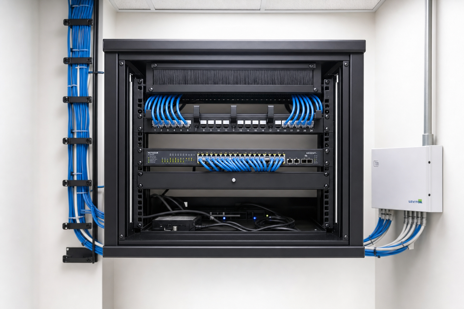 Organized network closet with patch panel and managed switch supporting a business VoIP phone system