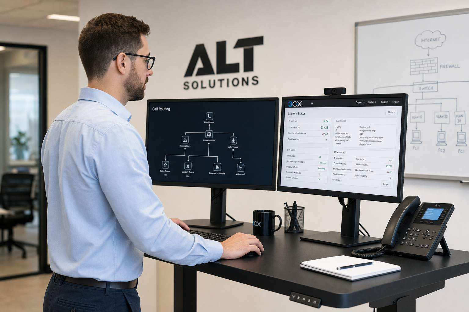 IT technician configuring a business VoIP call routing diagram on dual monitors