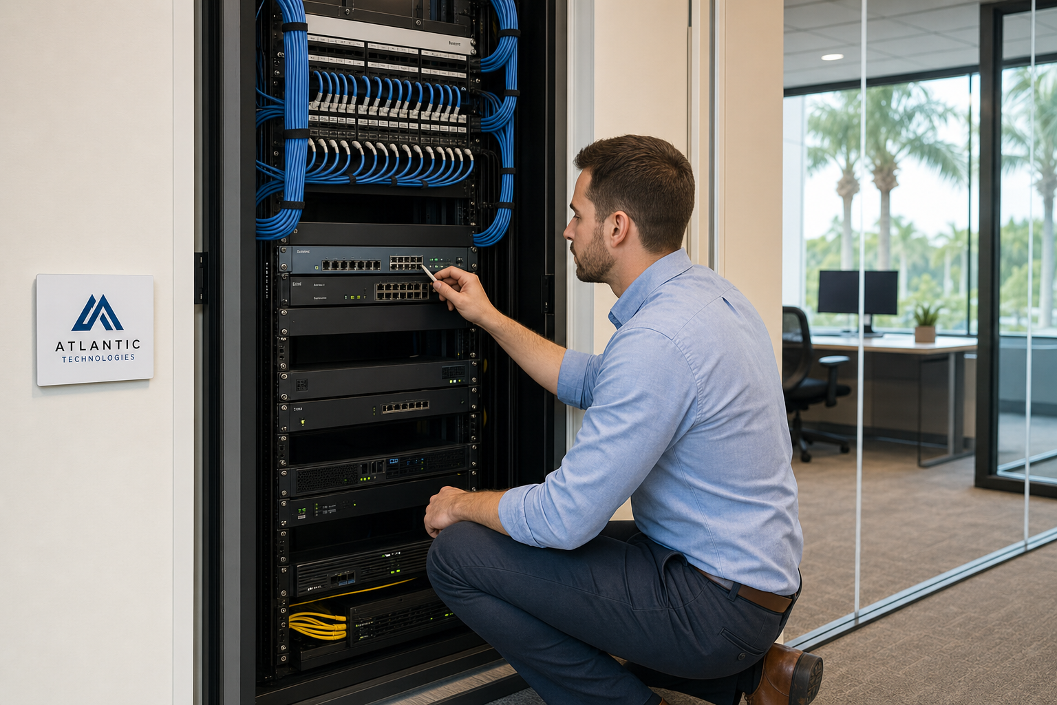 IT technician inspecting a managed network switch and patch panel during a VoIP installation site readiness check in a Florida office.