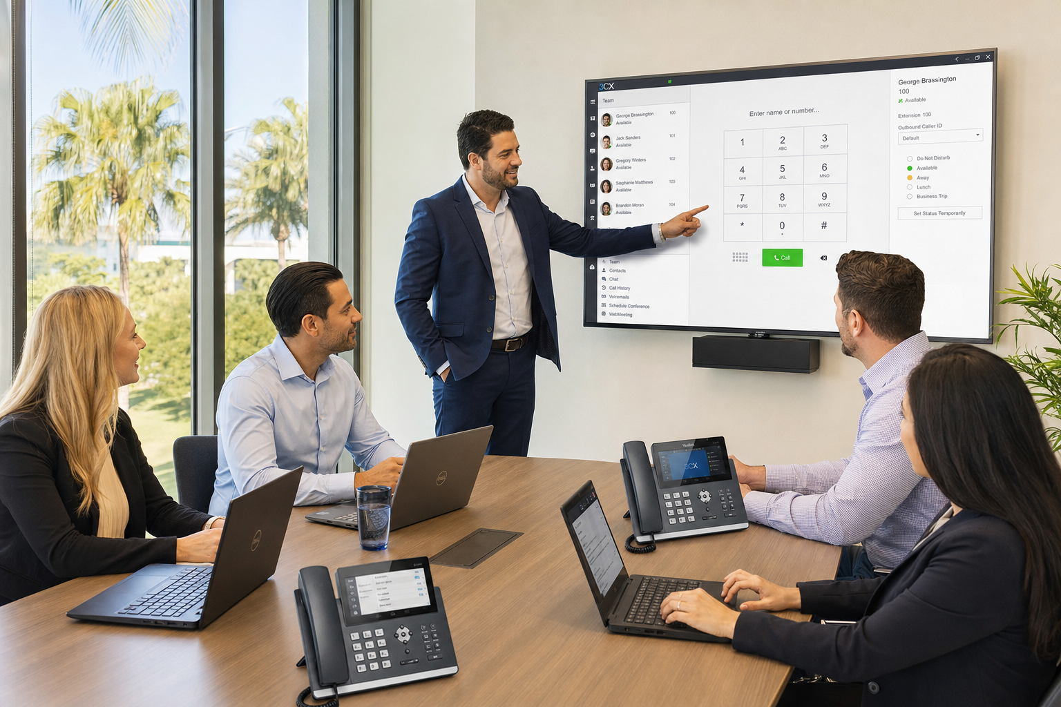 Business staff receiving VoIP phone system training from a Mynians technician in a Florida office conference room on go-live day.
