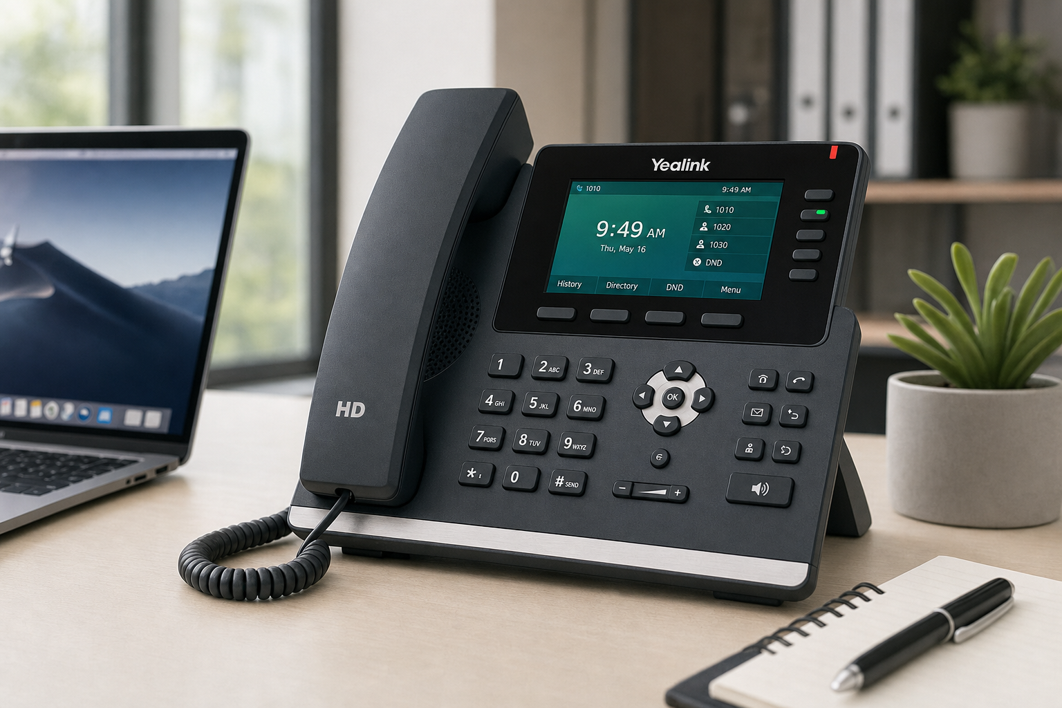 VoIP desk phone on a Florida business office desk