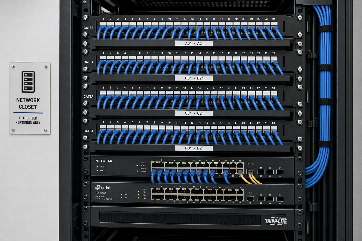 Structured cabling patch panel in a Florida business network closet