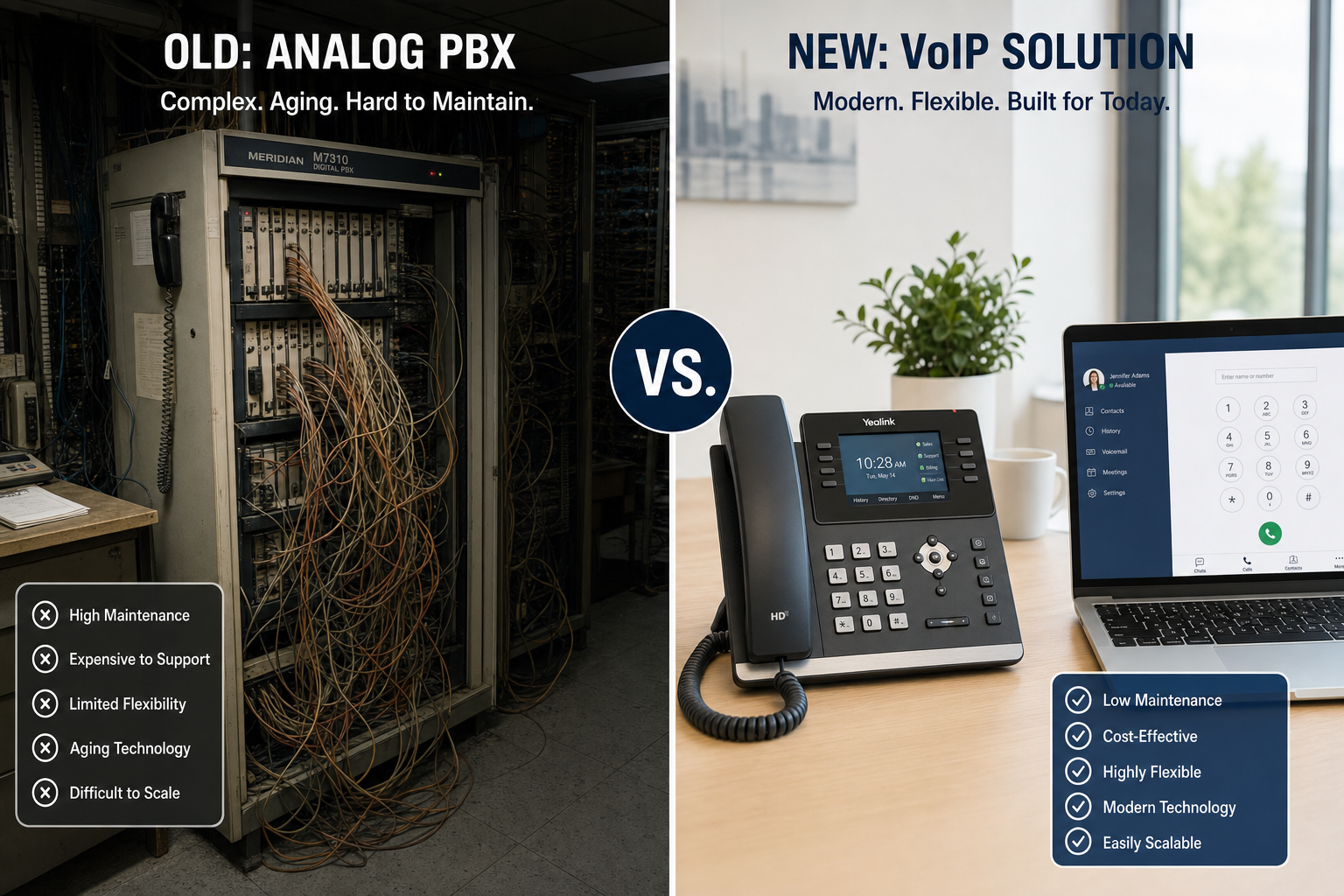 Side-by-side comparison of a legacy PBX cabinet and a modern VoIP desk phone setup in a Florida business office